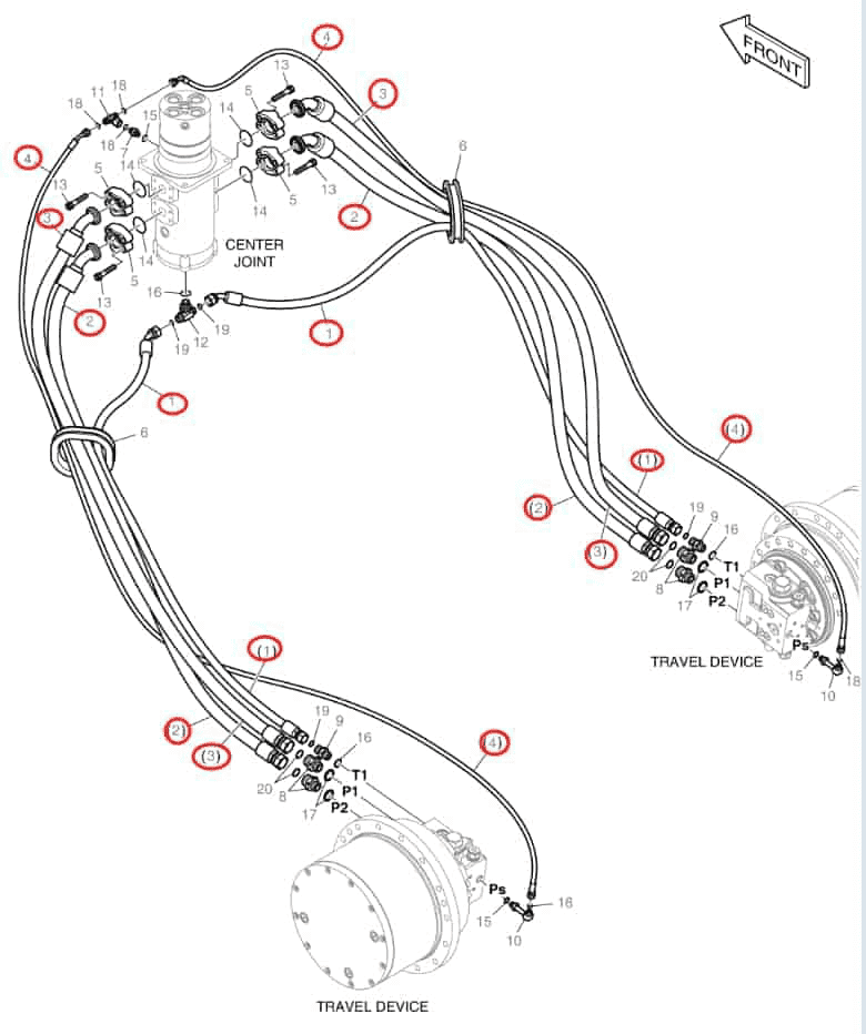 Doosan DX140LCR-5 installation diagram showing hydraulic hose DS2120066 at Pipe No. 4