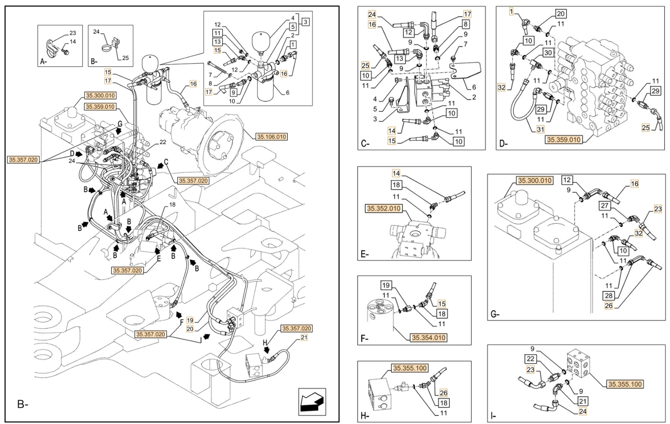 Case CX90D installation diagram showing hydraulic hose KHJ2369 at Pipe No. B20-C24-I24