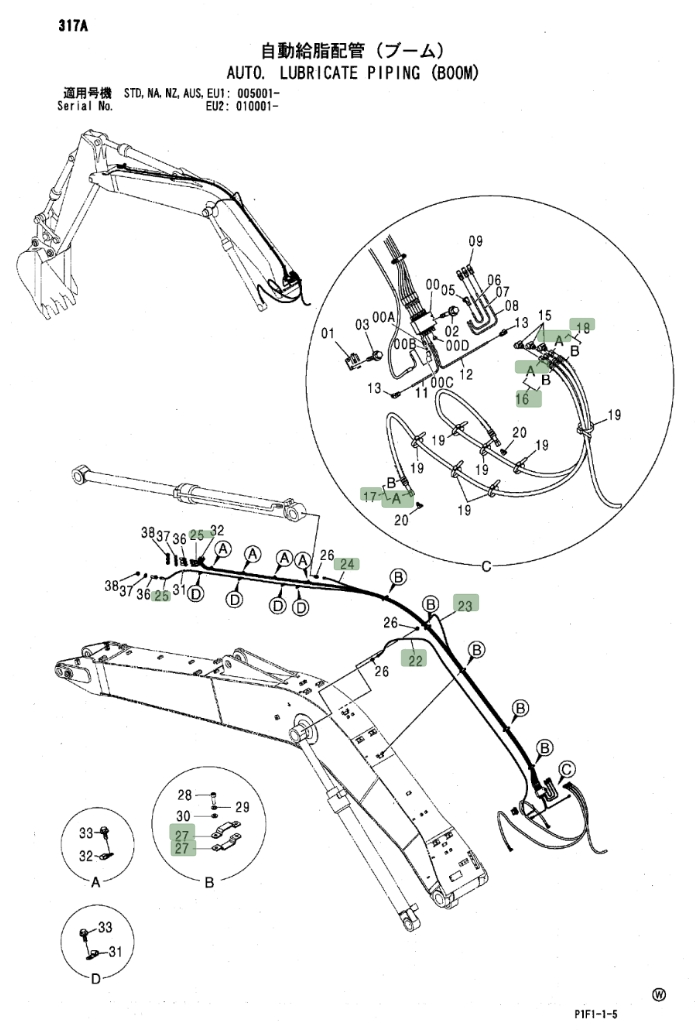 Hitachi ZX160LC installation diagram showing hydraulic hose 4385282 at Pipe No. 23