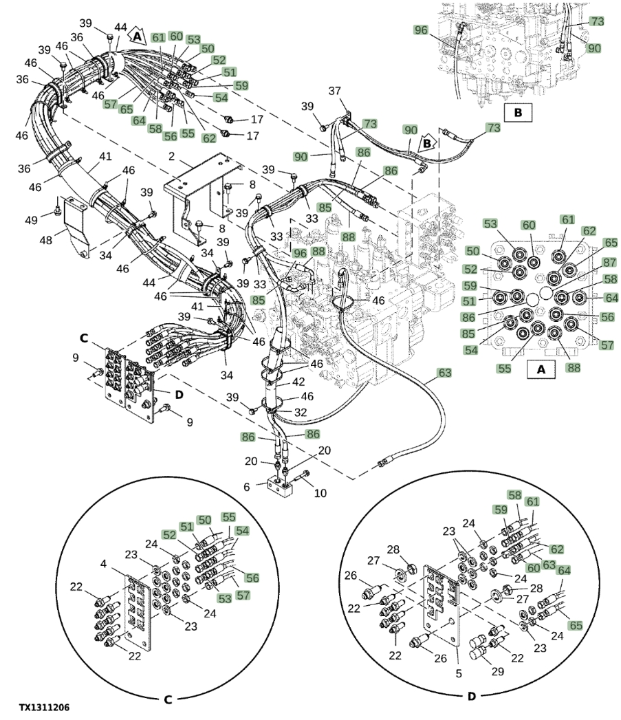 Hitachi EX1200-7 installation diagram showing hydraulic hose 4371368 at Pipe No. 62