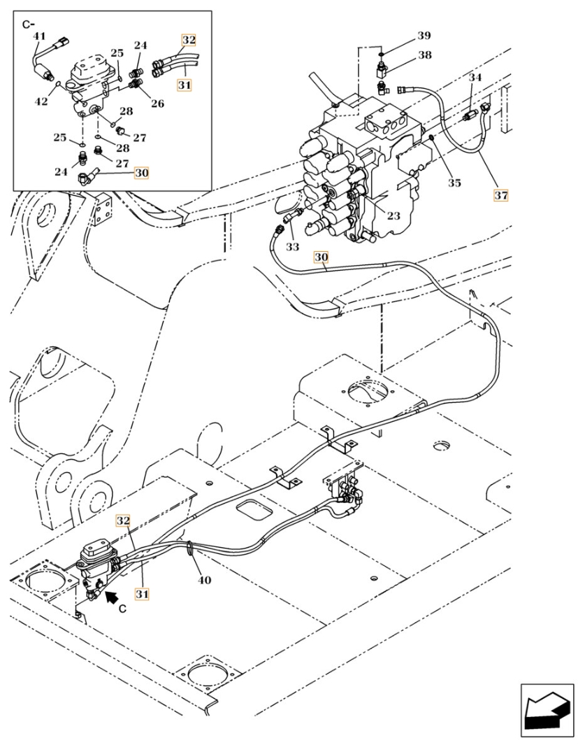 Case CX160C installation diagram showing hydraulic hose KHJ2050 at Pipe No. 32