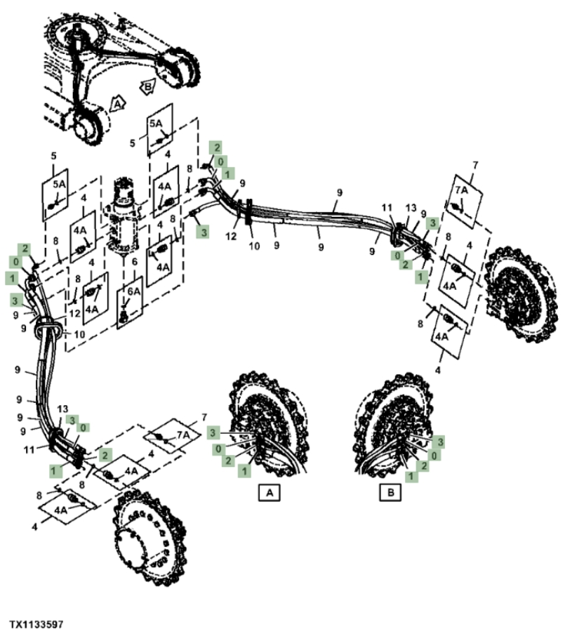 Hitachi ZX85USB-5N installation diagram showing hydraulic hose 4415081 at Pipe No. 3