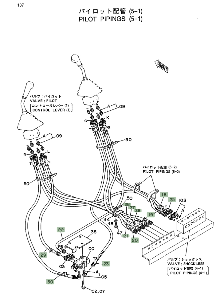 Hitachi EX400LC installation diagram showing hydraulic hose 4203027 at Pipe No. 30