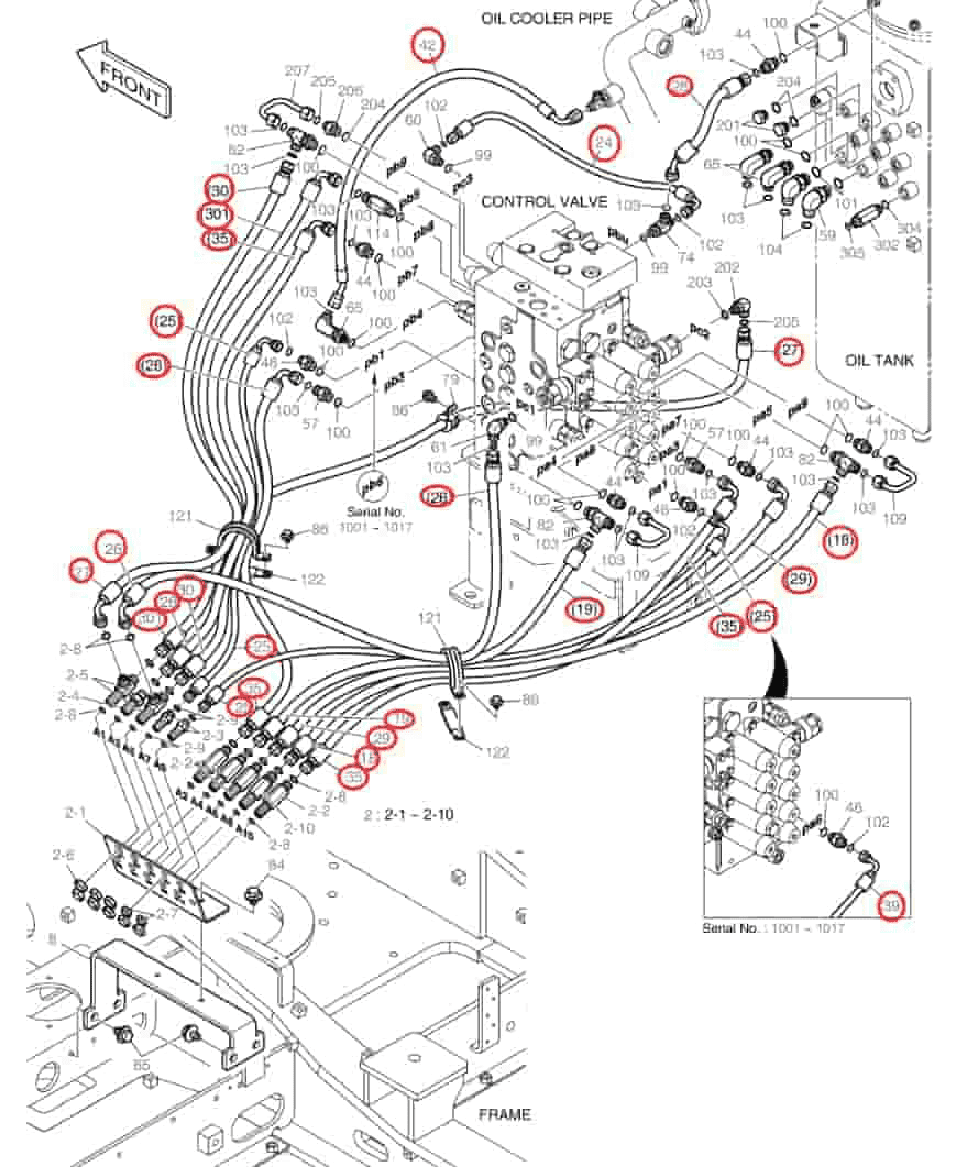 Doosan DX140W-3 installation diagram showing hydraulic hose DS2121113 at Pipe No. 26
