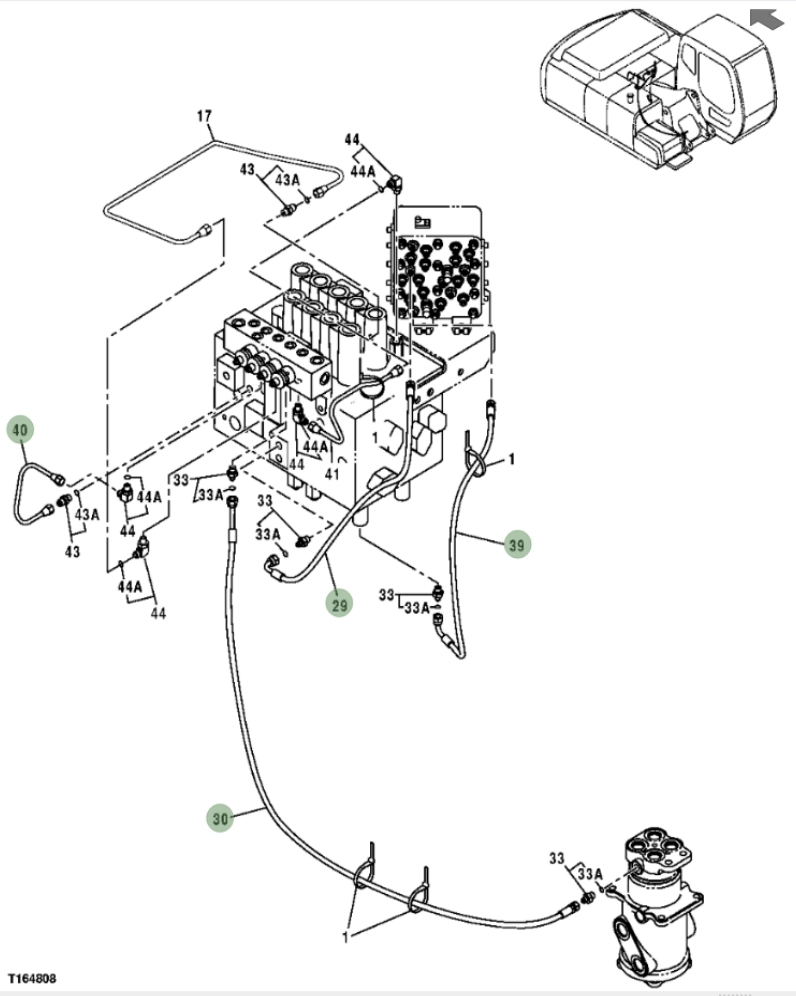 Hitachi ZX250F installation diagram showing hydraulic hose 4435036 at Pipe No. 39