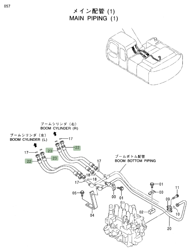 Hitachi EX270LC-5 installation diagram showing hydraulic hose 4388131 at Pipe No. 22