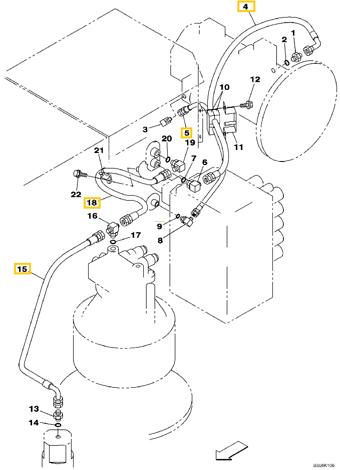Case CX460 installation diagram showing hydraulic hose KEJ0396 at Pipe No. 18