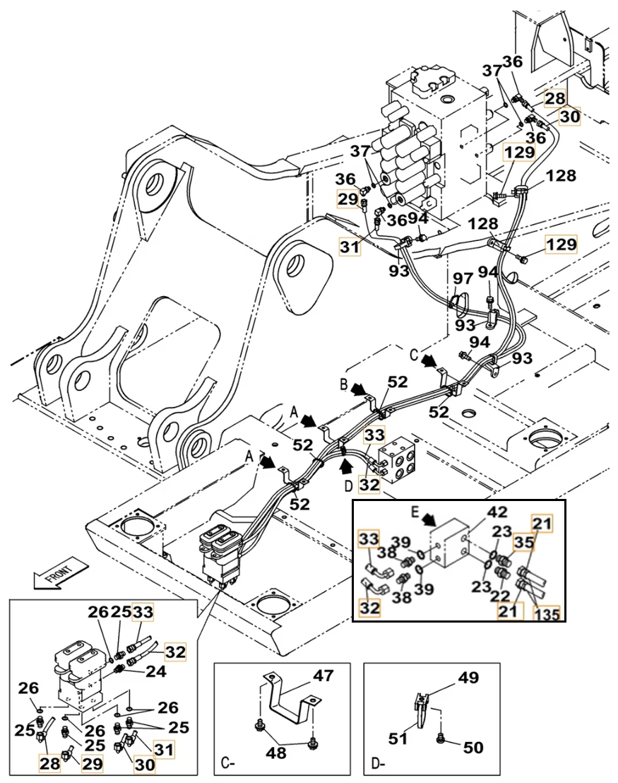 Case CX220B installation diagram showing hydraulic hose KHJ2248 at Pipe No. 28