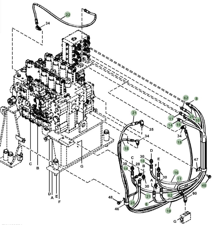 Hitachi ZX470LC-5G installation diagram showing hydraulic hose 4710439 at Pipe No. 62