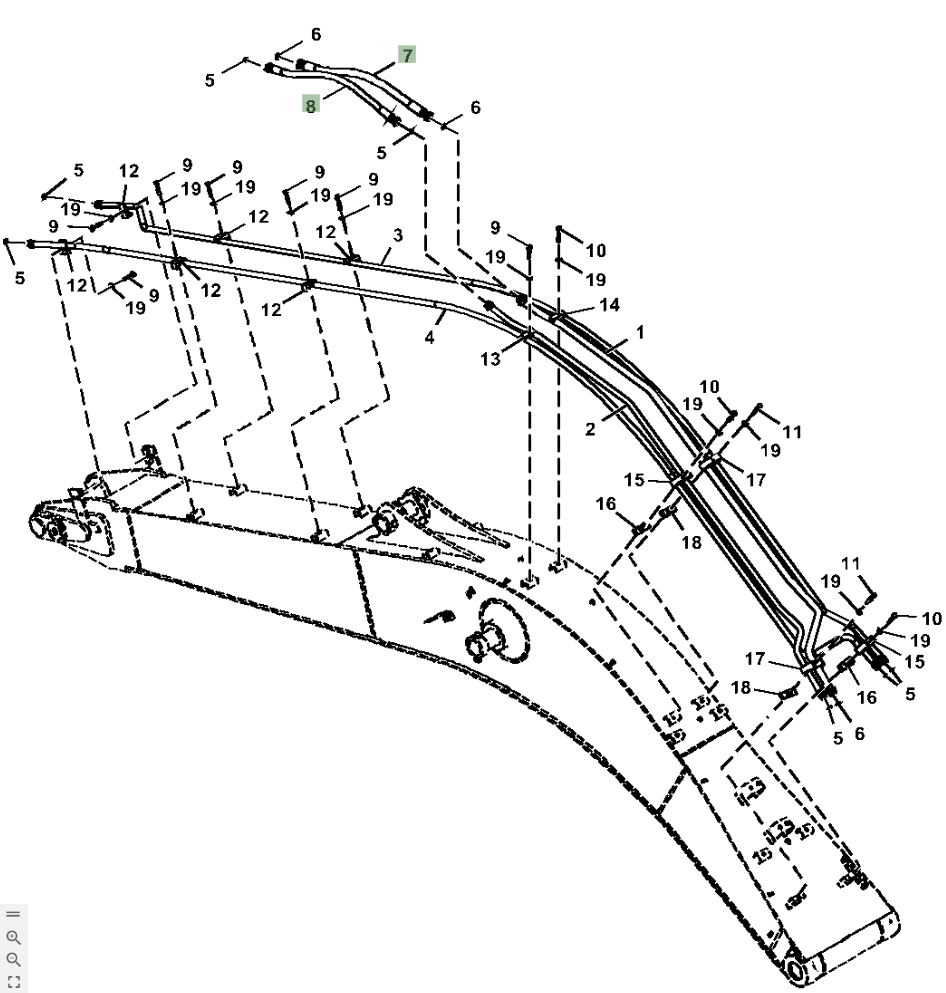 Hitachi ZX210LC-5N installation diagram showing hydraulic hose 4676587 at Pipe No. 7