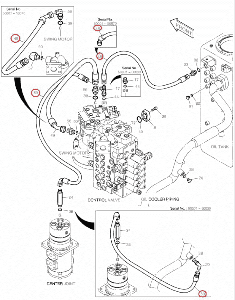 Doosan DX160LC installation diagram showing hydraulic hose 2184-1026D358 at Pipe No. 46