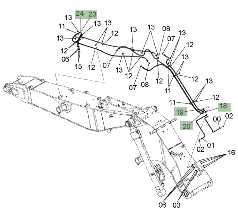 Hitachi ZX210W-3 installation diagram showing hydraulic hose 4252852 at Pipe No. 23