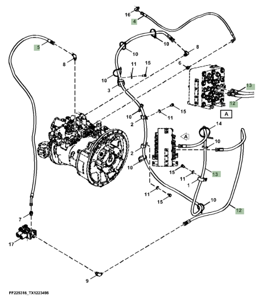 Hitachi ZX260FLC-FE-6N installation diagram showing hydraulic hose FF532281 at Pipe No. 12