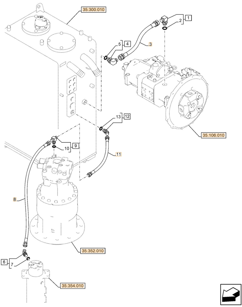 Case CX210E LC installation diagram showing hydraulic hose KRJ11540 at Pipe No. 3