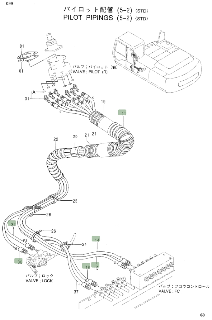 Hitachi EX300LC-3C installation diagram showing hydraulic hose 4304409 at Pipe No. 34
