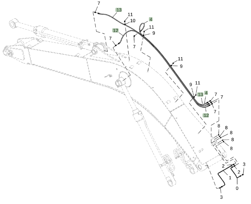 Hitachi ZX210-5G installation diagram showing hydraulic hose 4622684 at Pipe No. 13