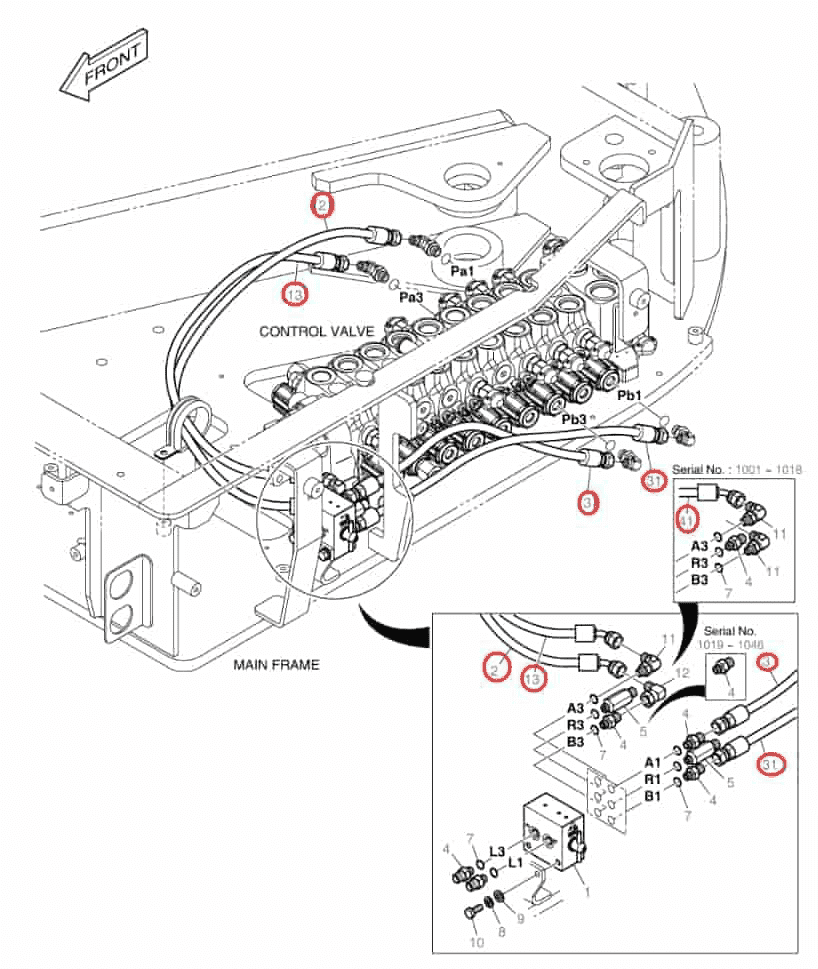 Doosan DX85R-3 installation diagram showing hydraulic hose DS2094121 at Pipe No. 31