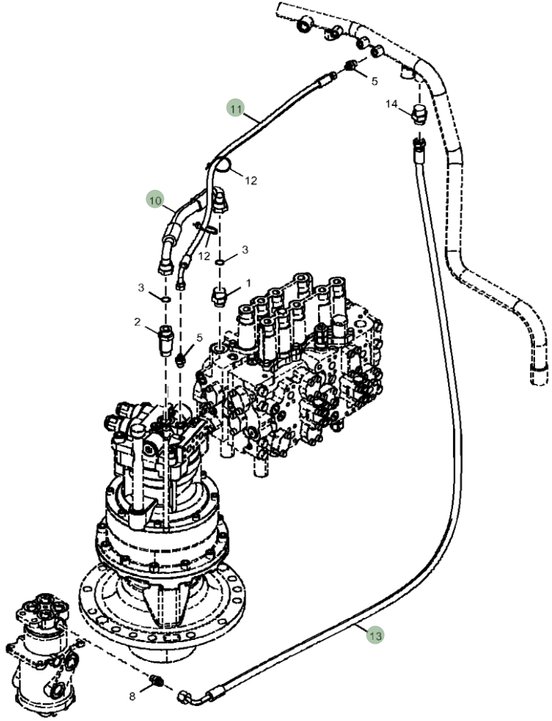 Hitachi ZX160LC-5G installation diagram showing hydraulic hose 4313438 at Pipe No. 13