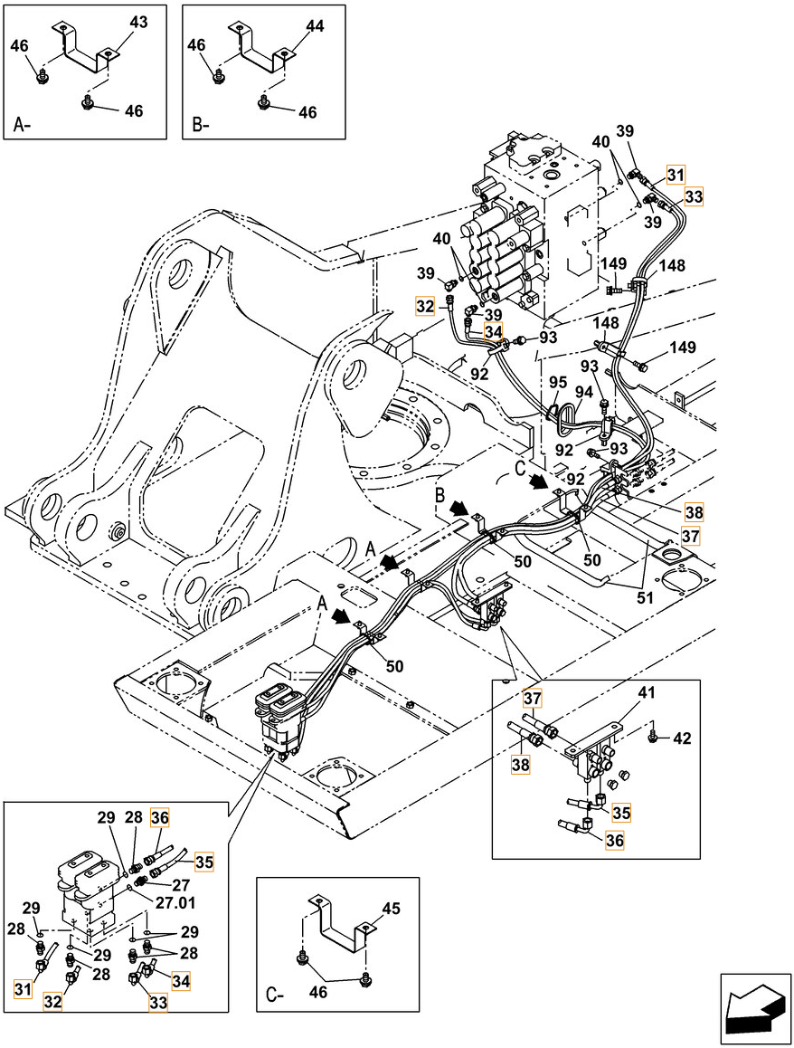 Case CX260C-8 LC installation diagram showing hydraulic hose KHJ2092 at Pipe No. 35