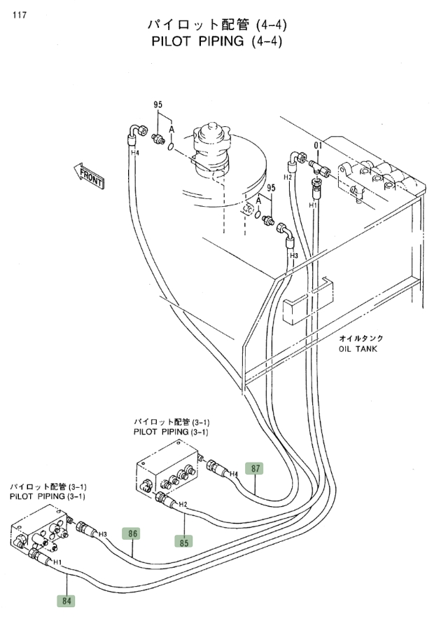 Hitachi EX450LC-5 installation diagram showing hydraulic hose 4398302 at Pipe No. 84