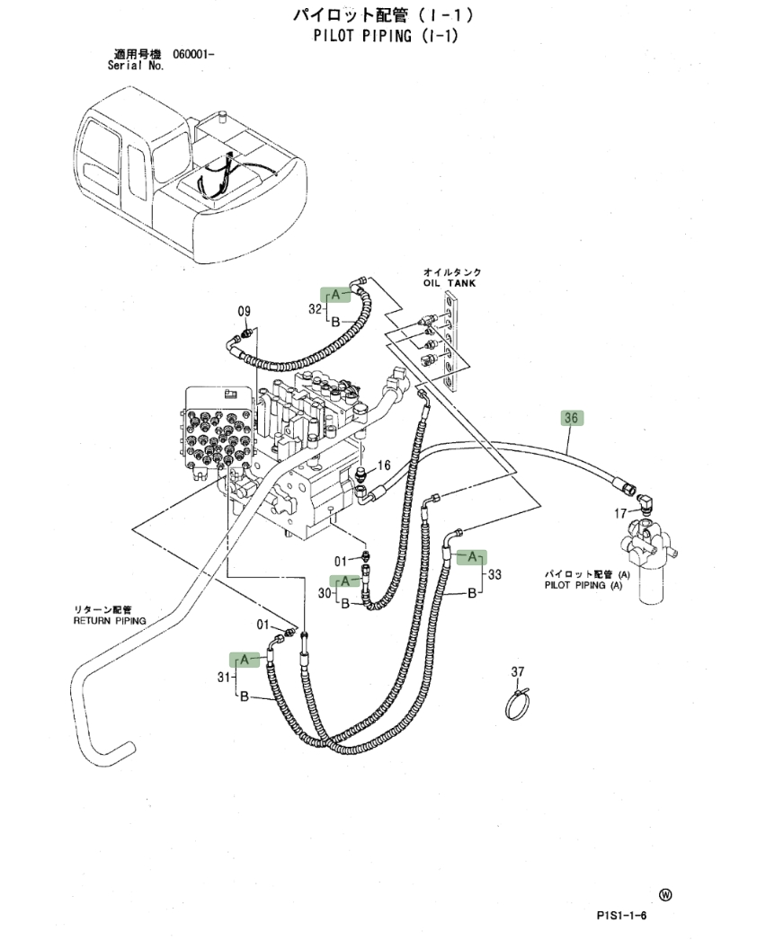 Hitachi ZX120 installation diagram showing hydraulic hose 4442649 at Pipe No. 36