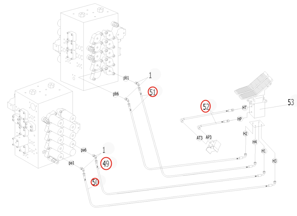 Sunward SWE500E-3 installation diagram showing hydraulic hose 730502003011 at Pipe No. 49
