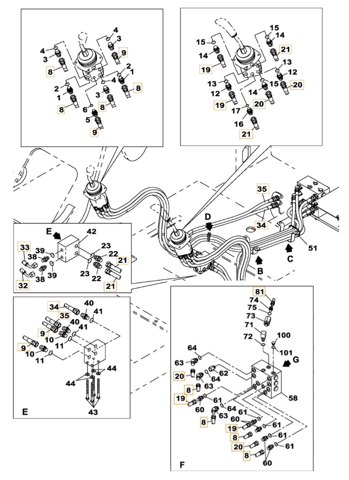 Case CX230B installation diagram showing hydraulic hose KHJ11520 at Pipe No. 34