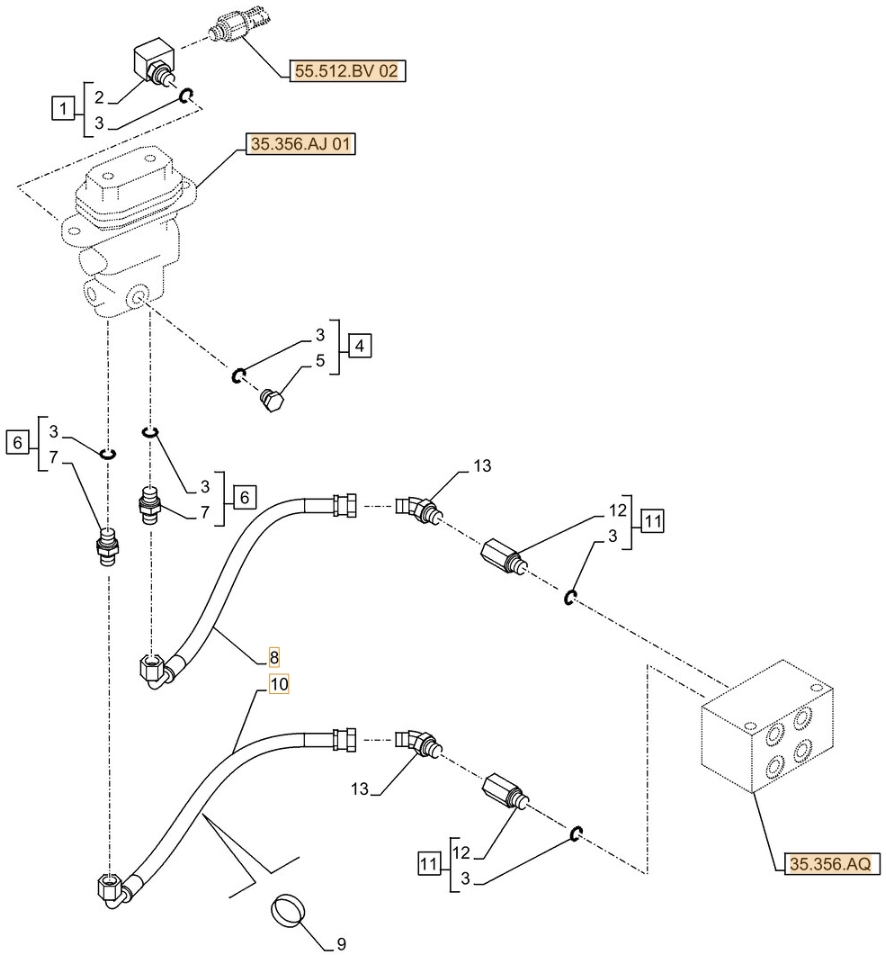Case CX490D LC installation diagram showing hydraulic hose KHJ2084 at Pipe No. 10