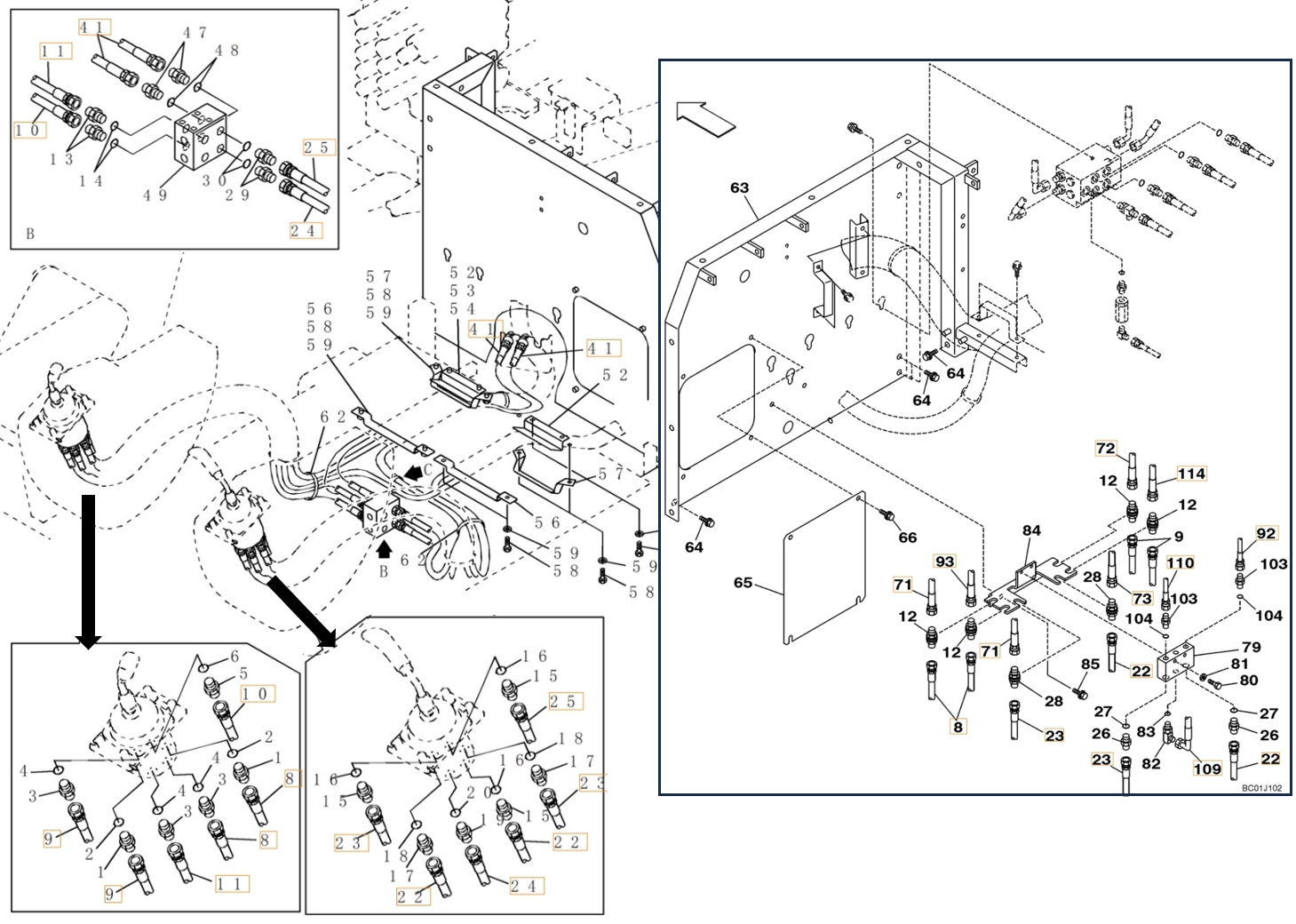 Case CX210N installation diagram showing hydraulic hose KHJ1345 at Pipe No. 22