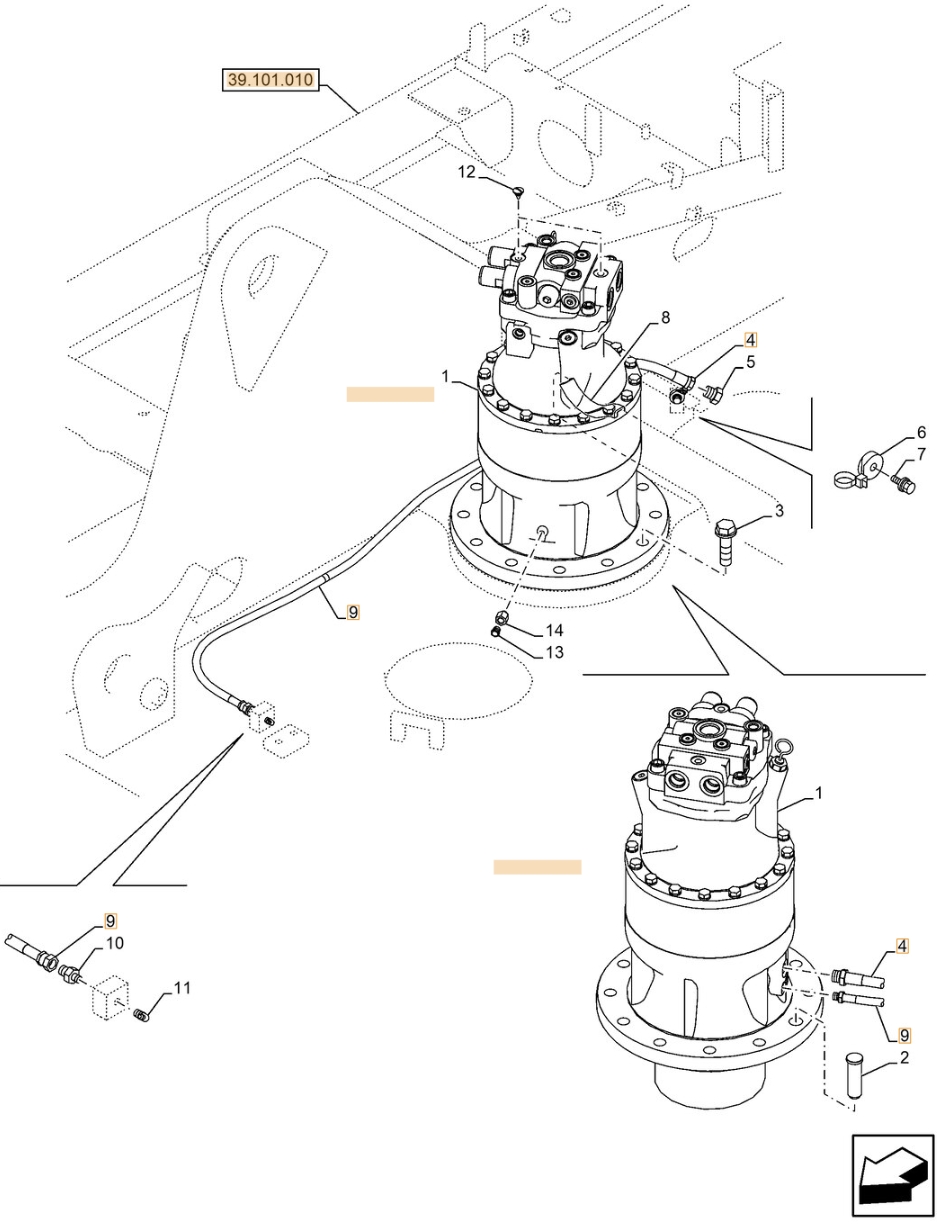 Case CX210E LC installation diagram showing hydraulic hose KHJ14930 at Pipe No. 9