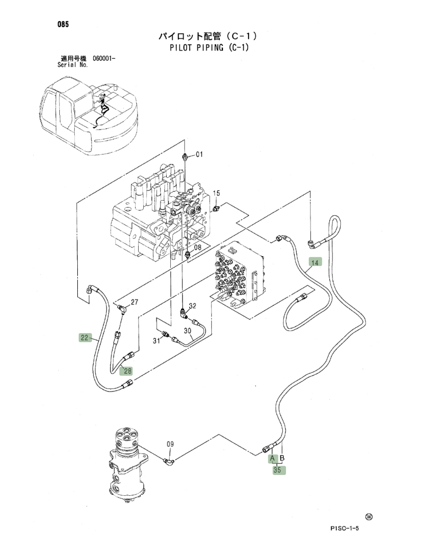 Hitachi ZX135US installation diagram showing hydraulic hose 4451995 at Pipe No. 28