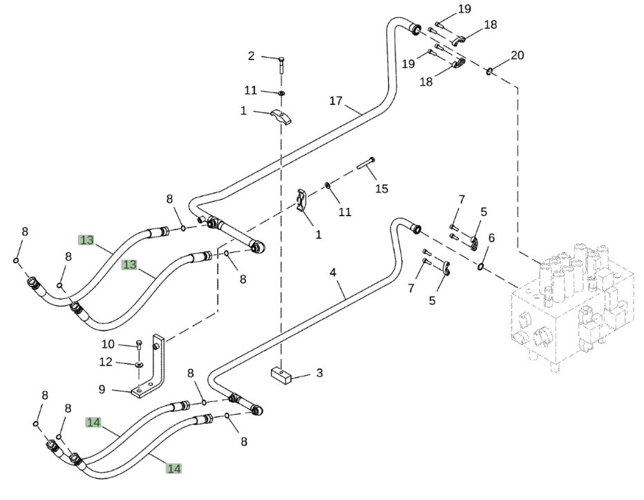 Hitachi ZX210LC-5N installation diagram showing hydraulic hose 4661965 at Pipe No. 13