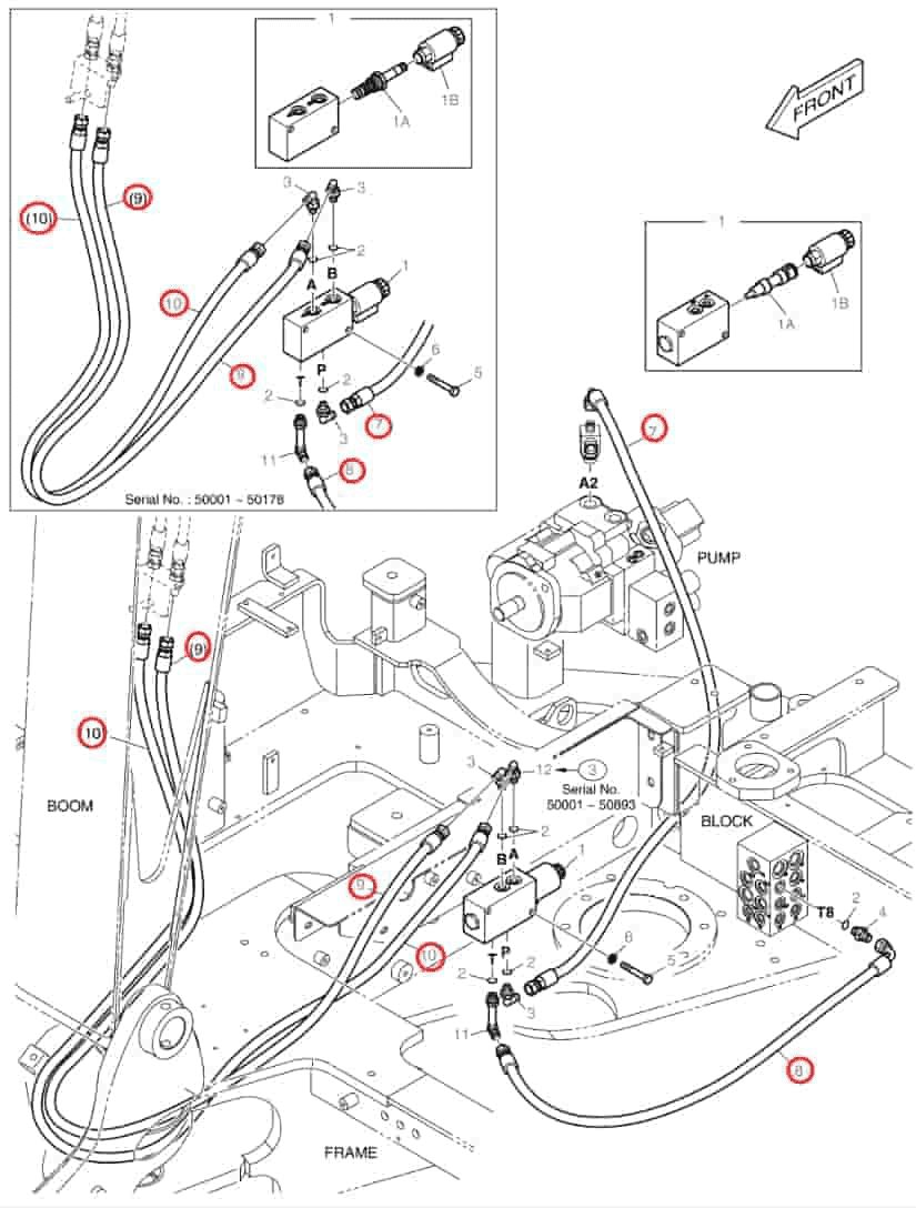 Doosan DX60R installation diagram showing hydraulic hose DS2093583 at Pipe No. 7
