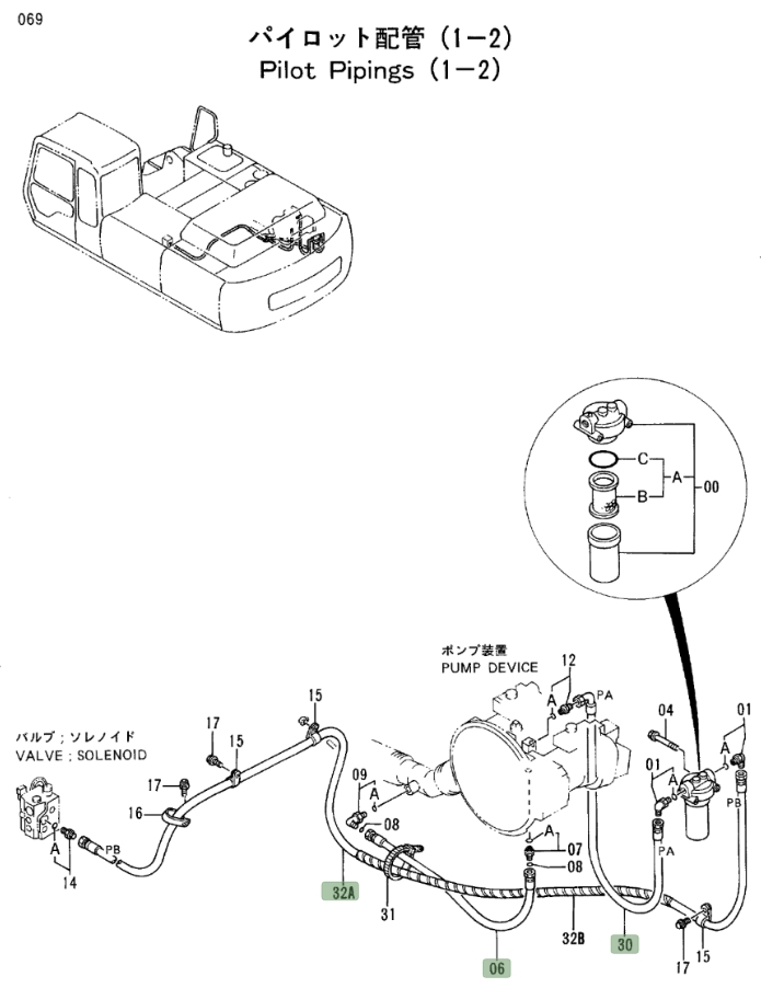 Hitachi EX300LC-2 installation diagram showing hydraulic hose 4197724 at Pipe No. 6