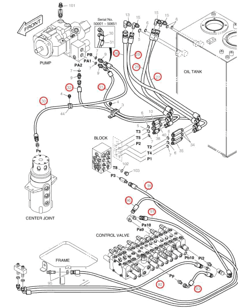 Doosan DX60R installation diagram showing hydraulic hose DS2093212 at Pipe No. 92