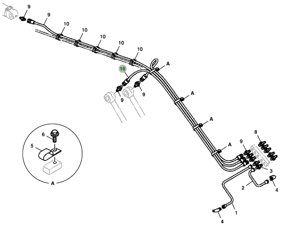 Hitachi ZX300LC-6N installation diagram showing hydraulic hose 4358894 at Pipe No. 16