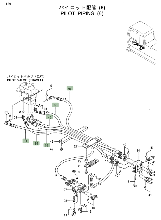 Hitachi EX450LC-5 installation diagram showing hydraulic hose 4366789 at Pipe No. 36