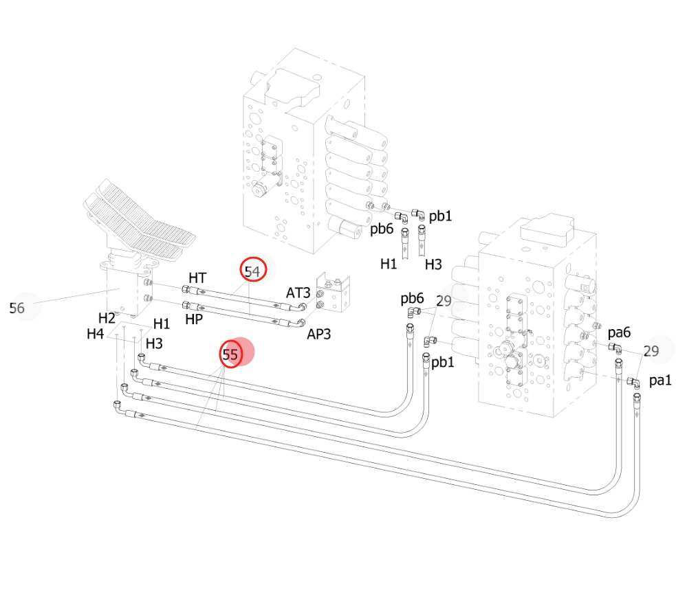 Sunward SWE225E-3H installation diagram showing hydraulic hose 730502000390 at Pipe No. 55