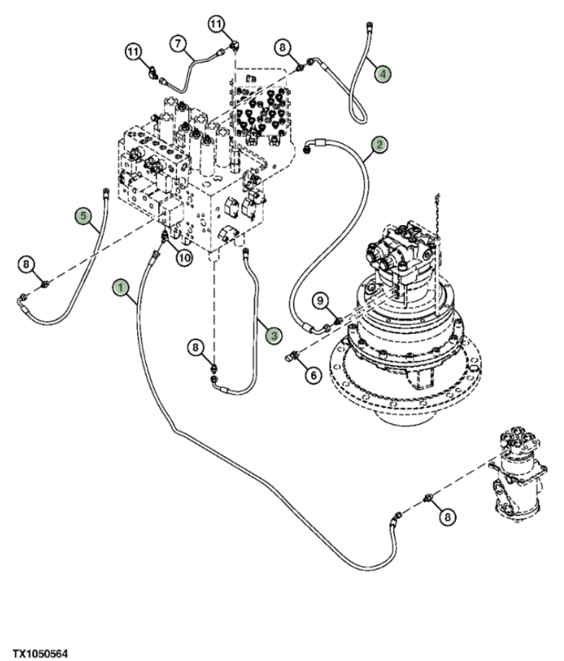 Hitachi ZX210F-3 installation diagram showing hydraulic hose 4427111 at Pipe No. 5