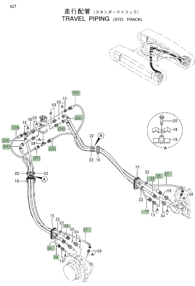 Hitachi EX370-5 installation diagram showing hydraulic hose 4402569 at Pipe No. 14