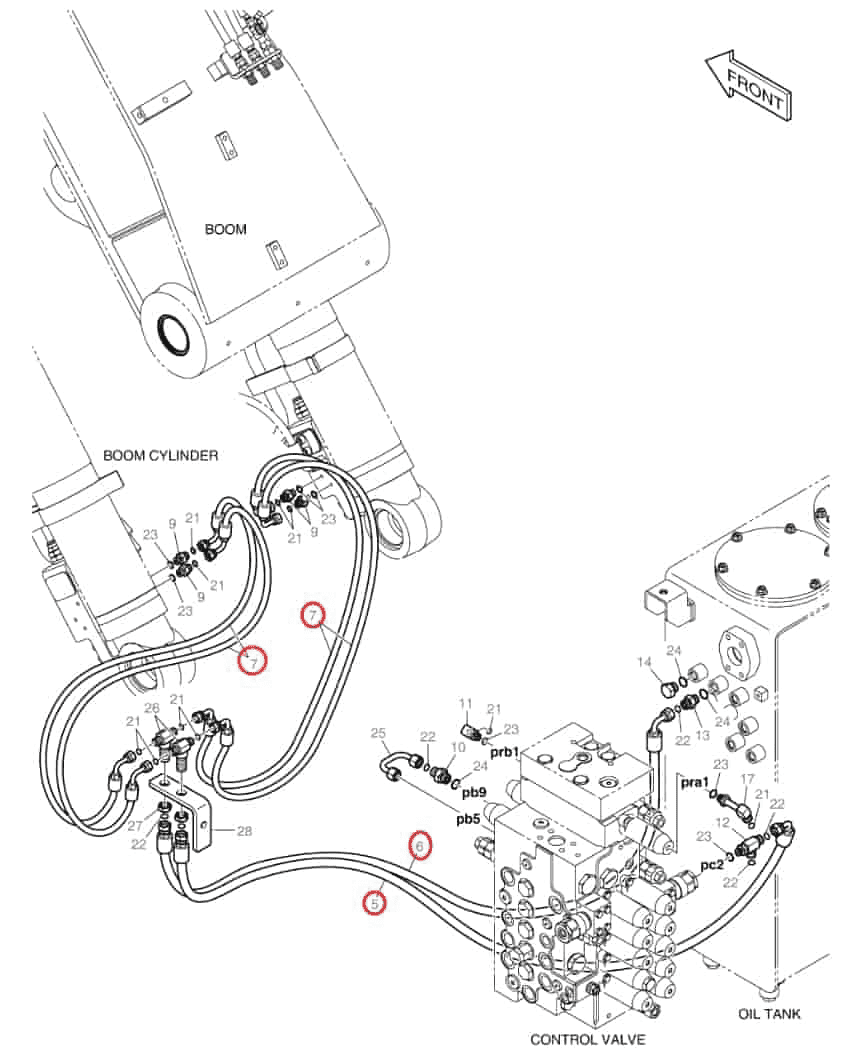 Doosan DX140W-3 installation diagram showing hydraulic hose DS2121140 at Pipe No. 6