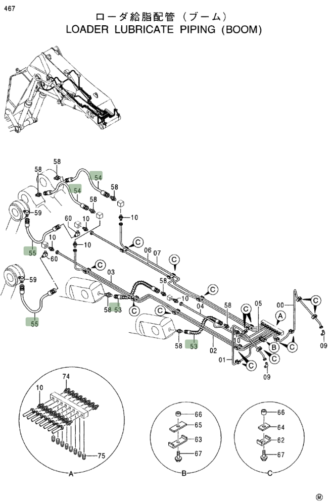 Hitachi EX750-5 installation diagram showing hydraulic hose 4367714 at Pipe No. 55