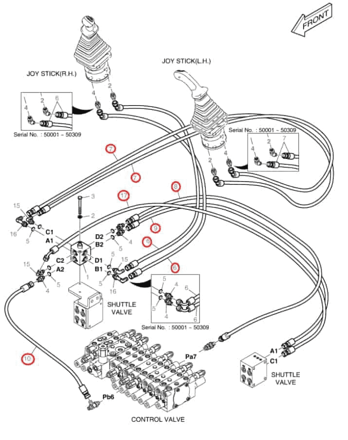 Doosan DX55 installation diagram showing hydraulic hose DS2094034 at Pipe No. 9