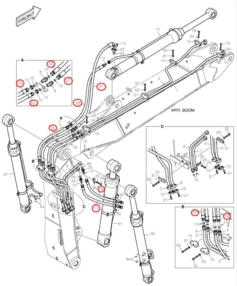 Doosan DX140LCR-3 installation diagram showing hydraulic hose 2184-1196D65 at Pipe No. 28