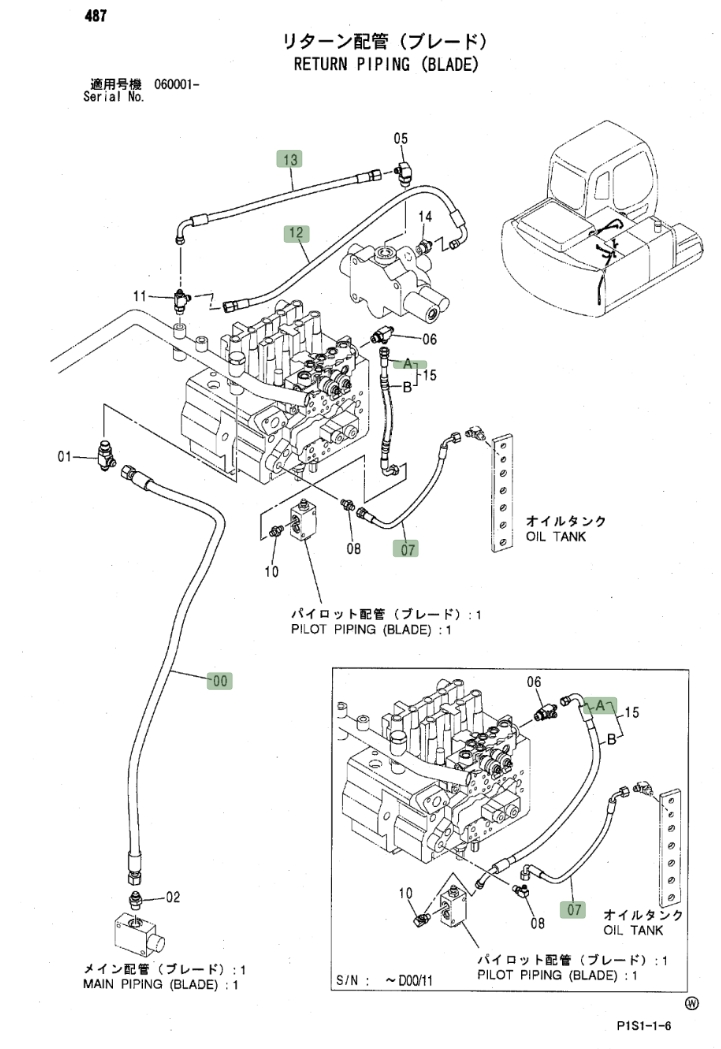 Hitachi ZX120 installation diagram showing hydraulic hose 4427152 at Pipe No. 13