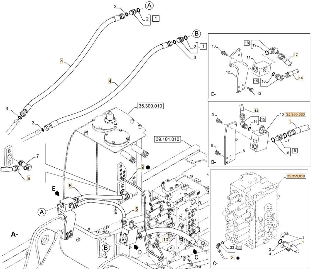 Case CX210D NLC installation diagram showing hydraulic hose KHJ2054 at Pipe No. A9-C21