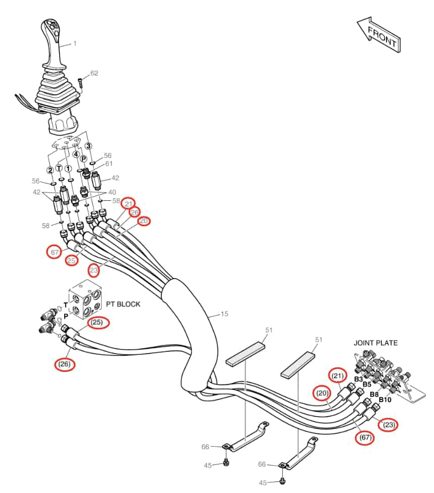 Doosan DX140W-3 installation diagram showing hydraulic hose DS2113031 at Pipe No. 20