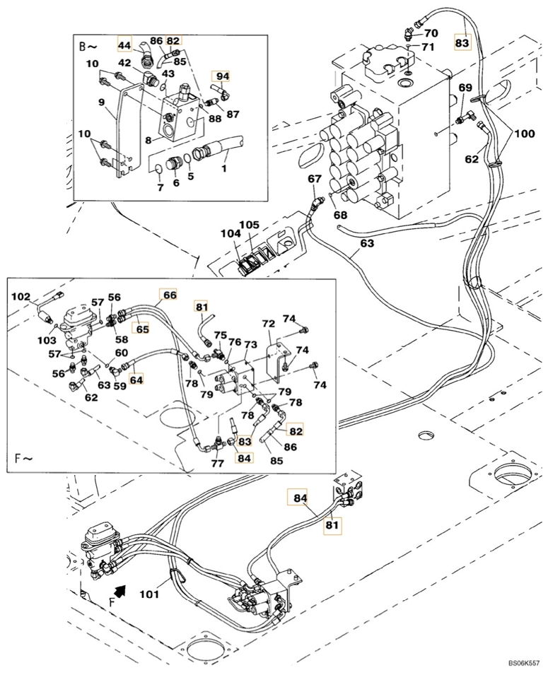 Case CX210B installation diagram showing hydraulic hose KHJ2194 at Pipe No. 66