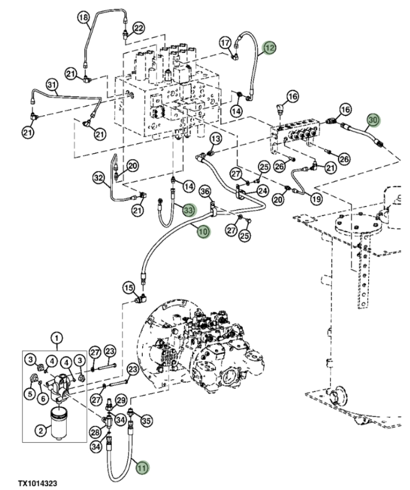 Hitachi ZX210F-3 installation diagram showing hydraulic hose DH401008 at Pipe No. 11