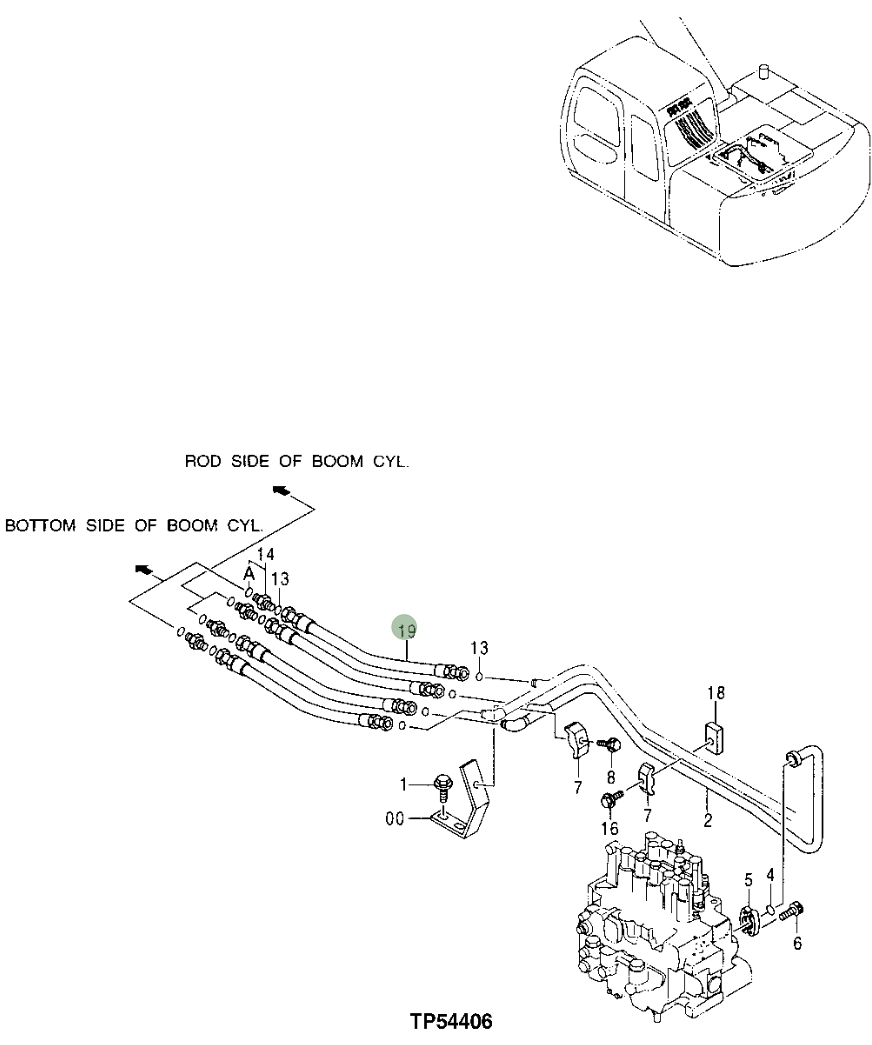 Hitachi EX110-5 installation diagram showing hydraulic hose 4285464 at Pipe No. 19